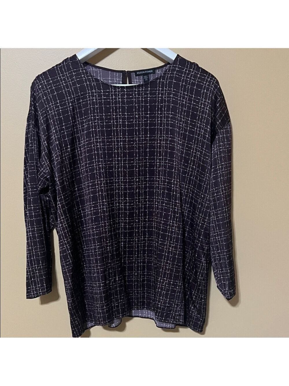 Eileen Fisher Purple and White Grid Pattern Long Sleeve Silk Top. Large